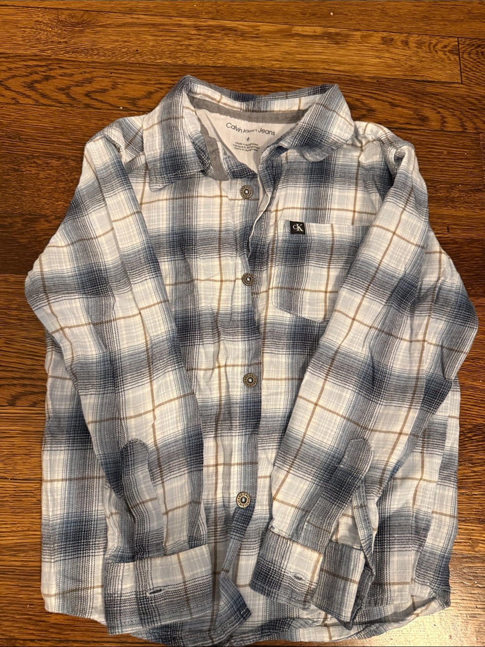 Calvin Klein Jeans Boys Plaid Button-Down in Blue and White